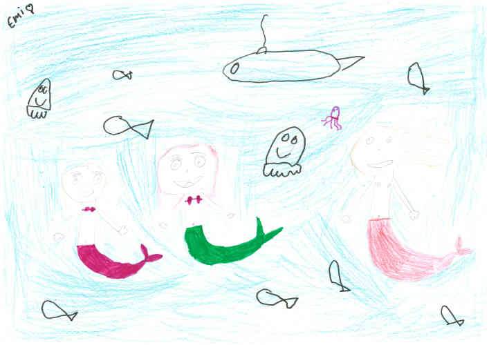 Emely: Ich habe eine Familie gemalt von Meerjungfrauen, weil das das einzige ist, was ich malen kann und weil ich sie schön finde.