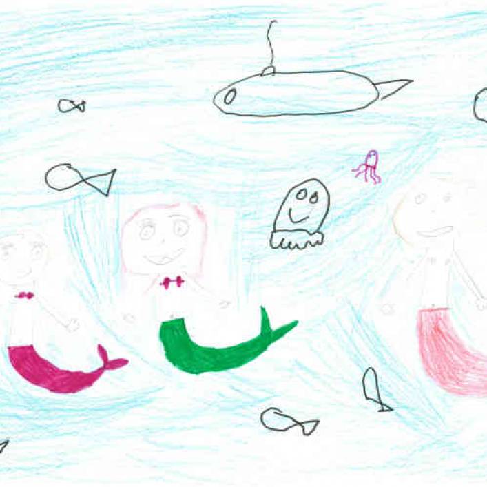 Emely: Ich habe eine Familie gemalt von Meerjungfrauen, weil das das einzige ist, was ich malen kann und weil ich sie schön finde.